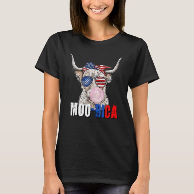 Amerikanische Flagge Hochland Kuh Moo Rica 4. Juli T-Shirt (Vorderseite)
