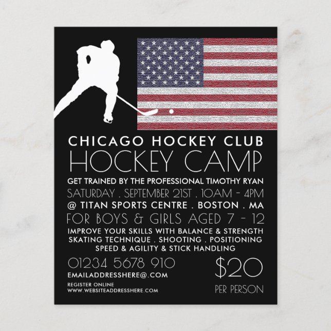 Amerikanische Flagge, Hockey-Spieler, Camp-Werbung Flyer (Vorne)