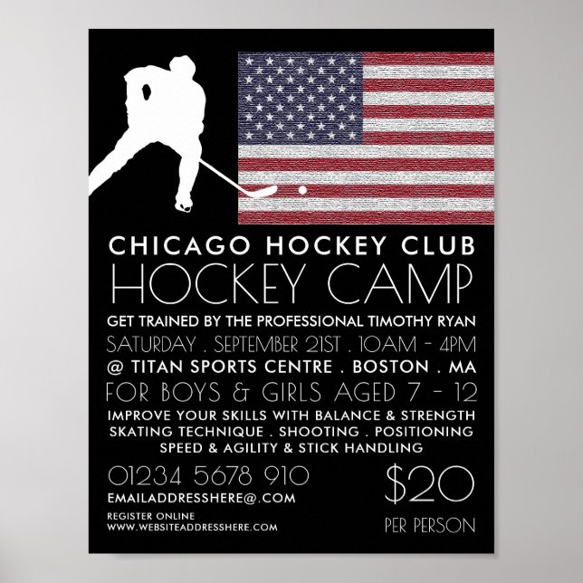 Amerikanische Flagge, Hockey-Spieler, Camp-Werbung Poster (Vorne)