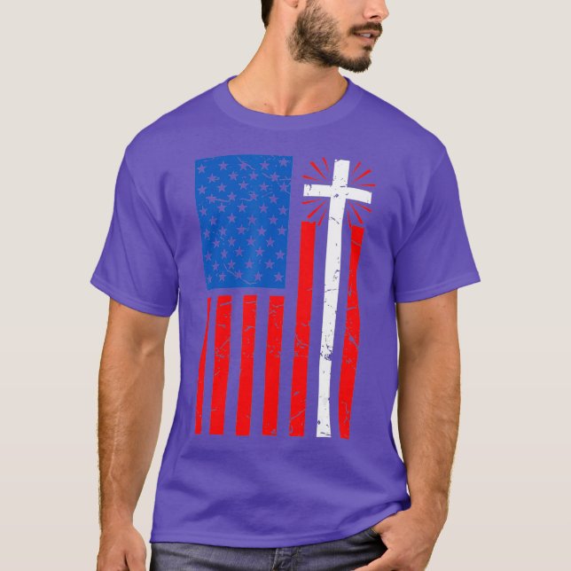 Amerikanische Flagge Kreuz Christliches Christentu T-Shirt (Vorderseite)