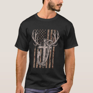 Amerikanische Flagge & Kreuz Jagd- & Angelfreund-V T-Shirt