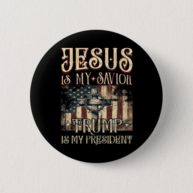Amerikanische Flagge Kreuz Jesus ist mein Retter T Button (Vorderseite)
