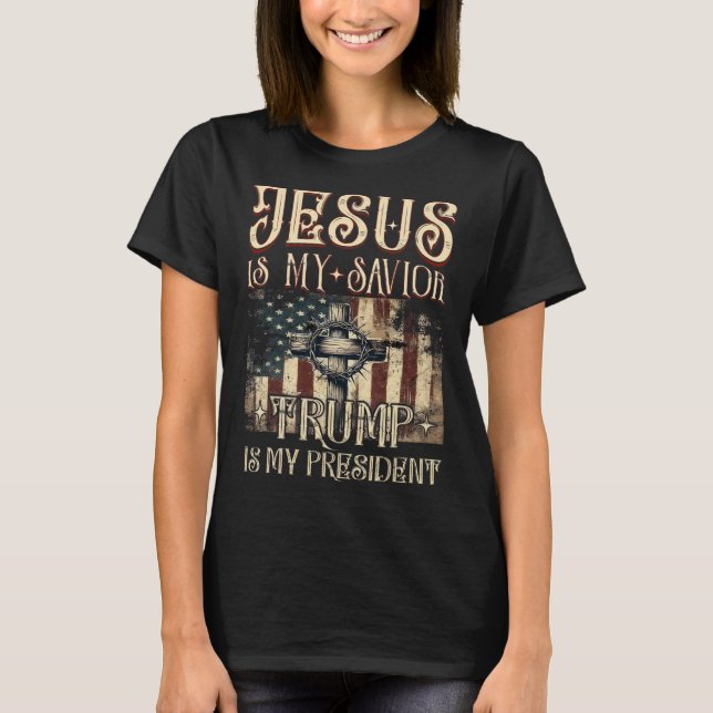 Amerikanische Flagge Kreuz Jesus ist mein Retter T T-Shirt (Vorderseite)