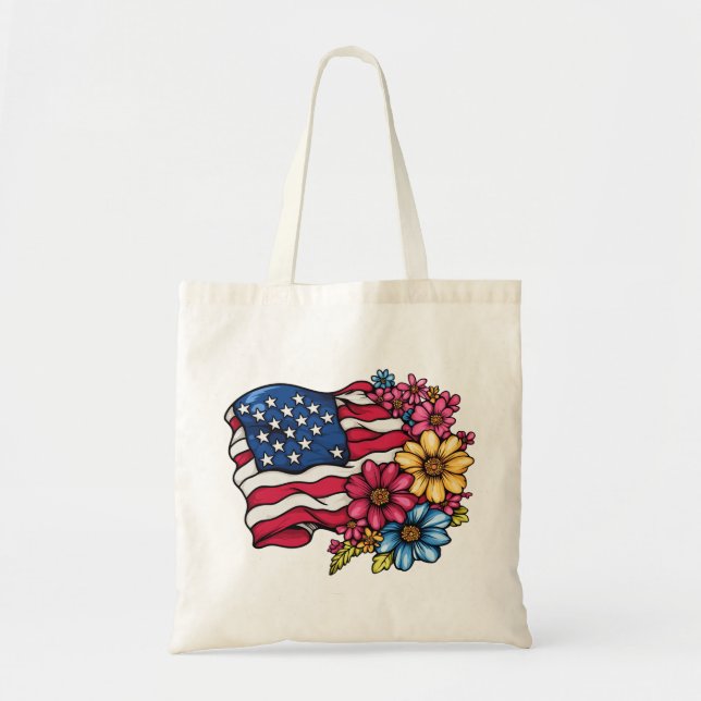 Amerikanische Flagge mit Blume Patriotic Tote Bag Tragetasche (Vorne)