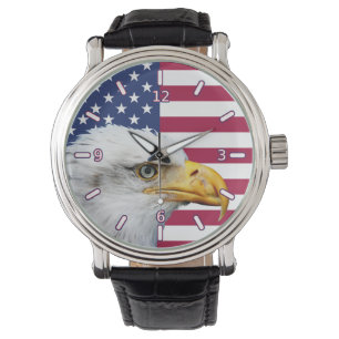 Amerikanische Flagge mit Eagle-Lederband-Uhr Armbanduhr