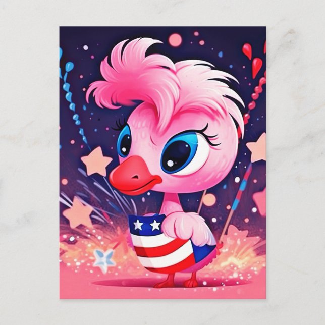 Amerikanische Flagge mit Flamingo-Cartoon-69216 Postkarte (Vorderseite)