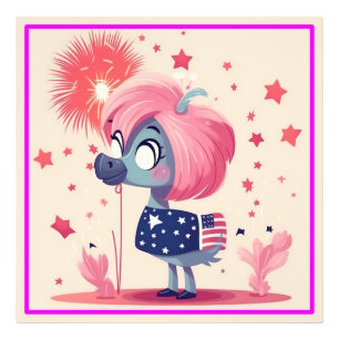 Amerikanische Flagge mit Flamingo-Cartoon-69219 Fotodruck