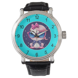 Amerikanische Flagge mit Flamingo Cartoon-69680 Armbanduhr