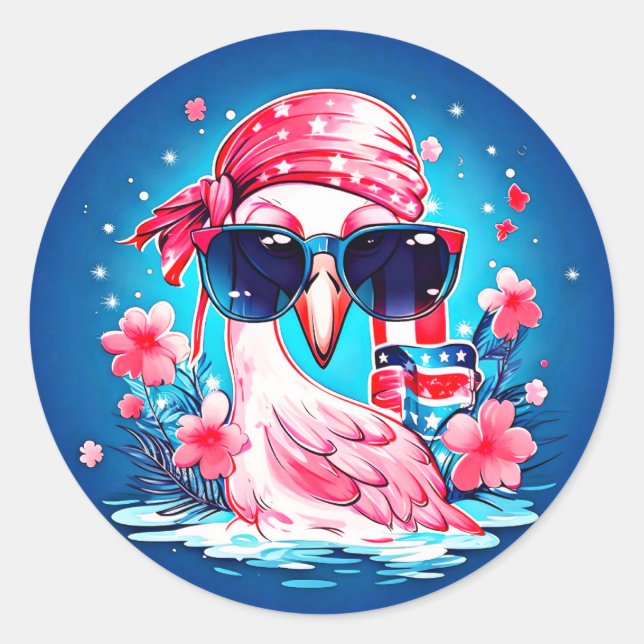 Amerikanische Flagge mit Flamingo-Cartoon-69681 Runder Aufkleber (Vorderseite)