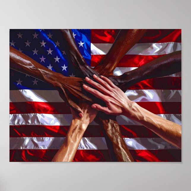 Amerikanische Flagge mit Händen verschiedener Amer Poster (Vorne)