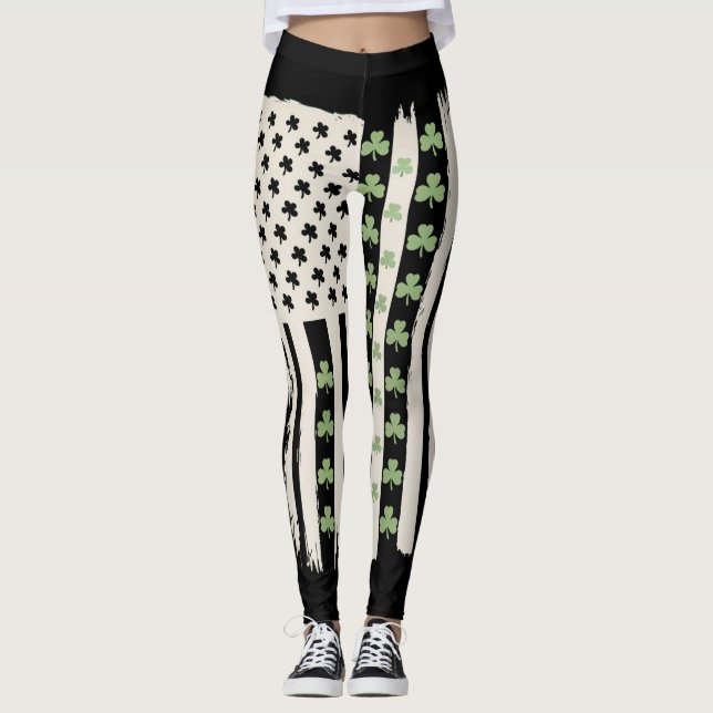Amerikanische Flagge mit Kleeblättern für St Patri Leggings (Vorderseite)