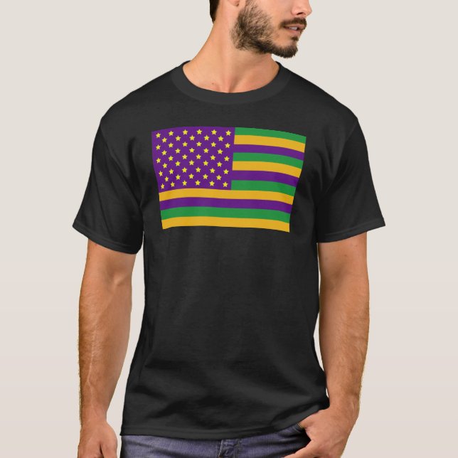 Amerikanische Flagge mit Mardi Gras Colors T-Shirt (Vorderseite)