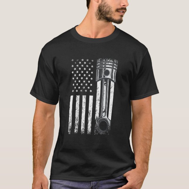Amerikanische Flagge mit Motor-Kolben T-Shirt (Vorderseite)
