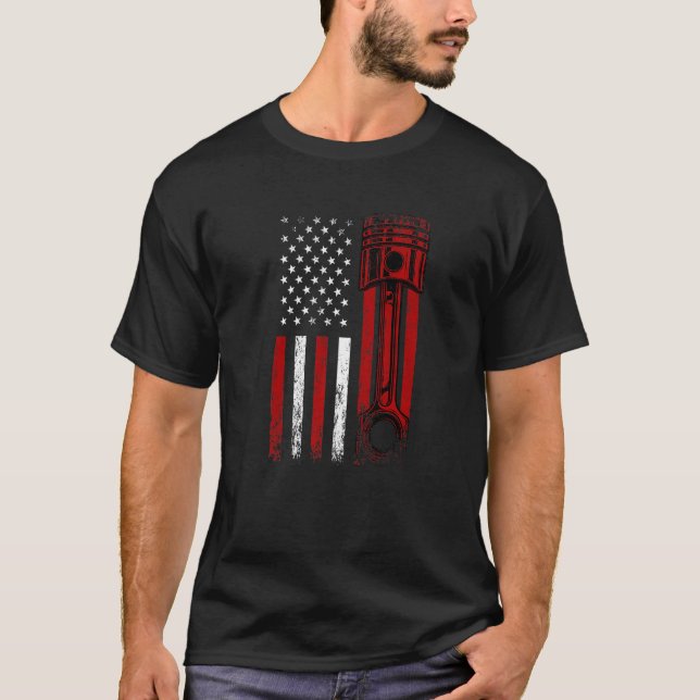 Amerikanische Flagge mit Motor-Kolben T-Shirt (Vorderseite)