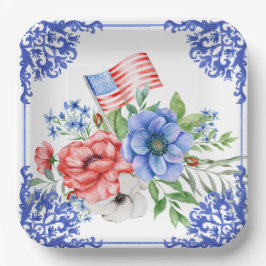Amerikanische Flagge mit Rot, Weiß und Blauer Flor Pappteller