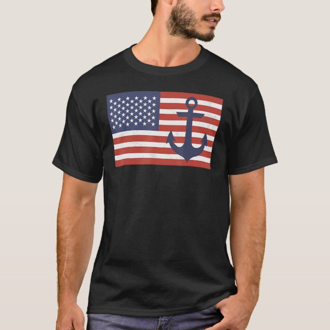 Amerikanische Flagge Nautical Blue Anchor Patrioti T-Shirt (Vorderseite)