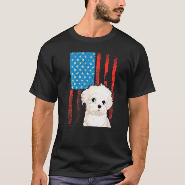 Amerikanische Flagge Patriotischer Hund Bichon Fri T-Shirt (Vorderseite)