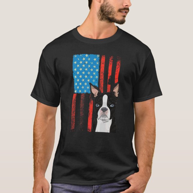 Amerikanische Flagge Patriotischer Hund Boston Ter T-Shirt (Vorderseite)