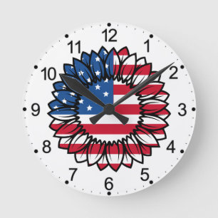 Amerikanische Flagge Sonnenblume-32222 Runde Wanduhr