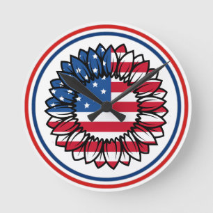Amerikanische Flagge Sonnenblume-32222 Runde Wanduhr