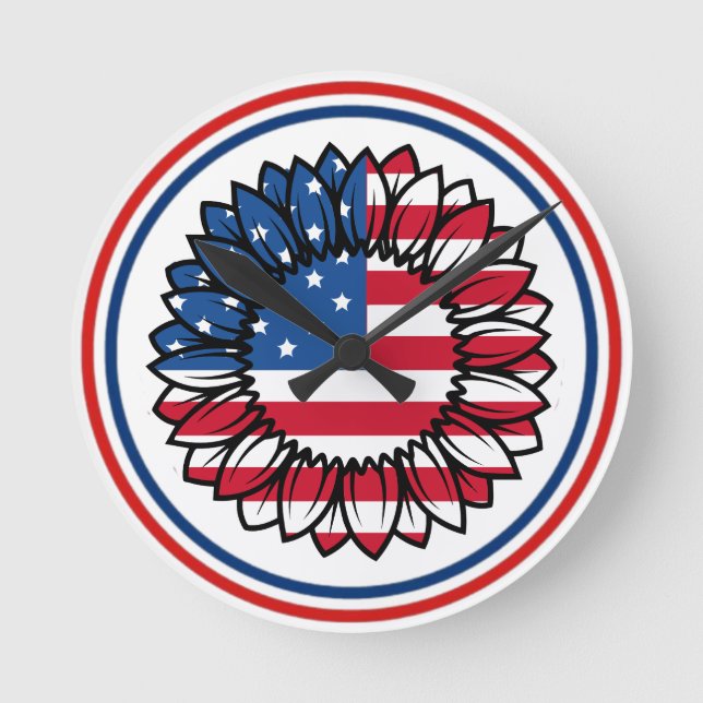 Amerikanische Flagge Sonnenblume-32222 Runde Wanduhr (Vorderseite)