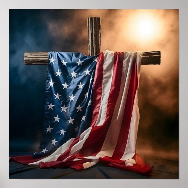 Amerikanische Flagge über Christliches Kreuzplakat Poster (Vorne)
