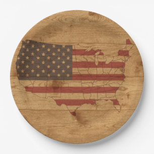 Amerikanische Flagge über rustikales Holz   USA P Pappteller