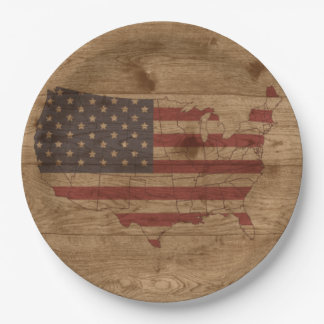 Amerikanische Flagge über rustikales Holz | USA Pa Pappteller