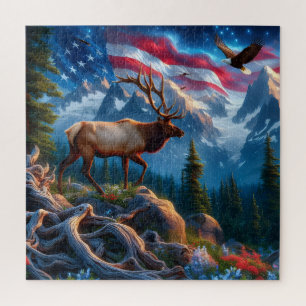 Amerikanische Flagge und Elch-Puzzle Puzzle
