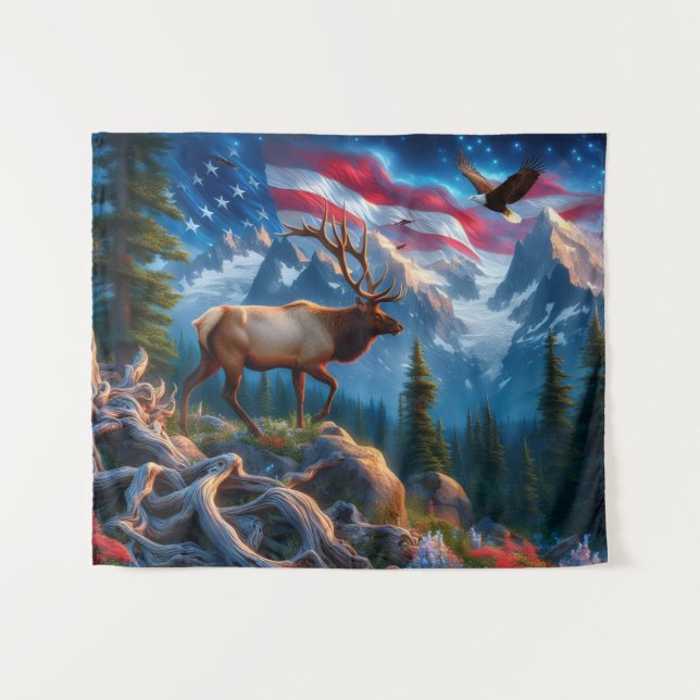 Amerikanische Flagge und Elch-Teppich Wandteppich (Vorderseite (Horizontal))