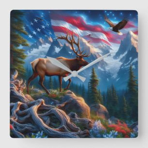 Amerikanische Flagge und Elch Wanduhr
