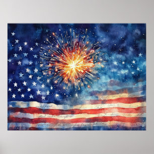 Amerikanische Flagge und Feuerwerk.  Poster