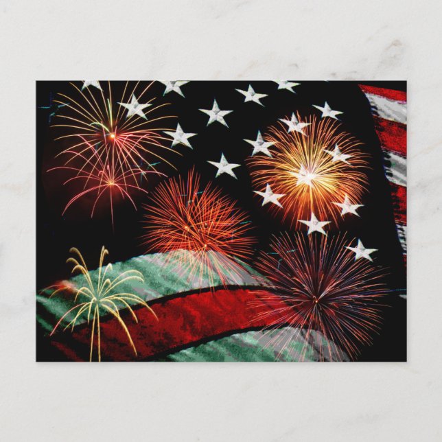 Amerikanische Flagge und Feuerwerk Postkarte (Vorderseite)