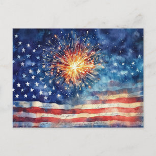 Amerikanische Flagge und Feuerwerk und US-Treuegel Feiertagspostkarte