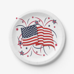 Amerikanische Flagge und Feuerwerke Pappteller