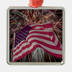 Amerikanische Flagge und Feuerwerke Silbernes Ornament