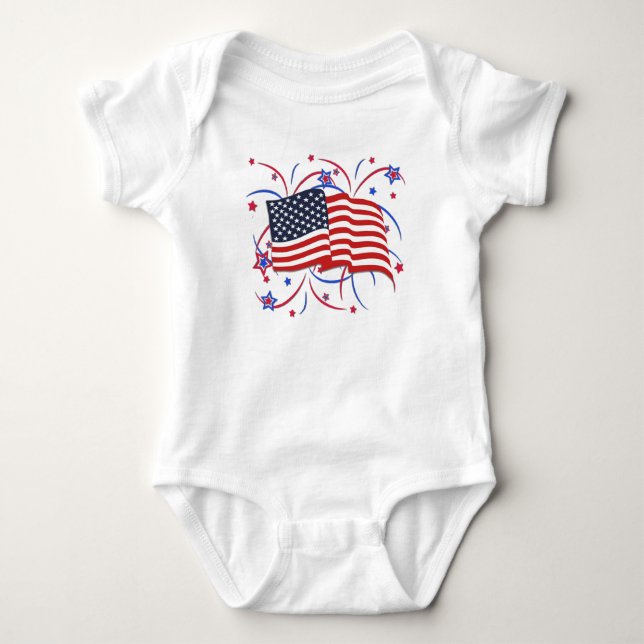 Amerikanische Flagge und Fireworks Baby Bodysuit Strampler (Vorderseite)