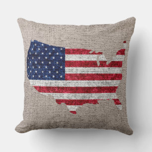 Amerikanische Flagge und Map Burlap Leinen Rustika Kissen