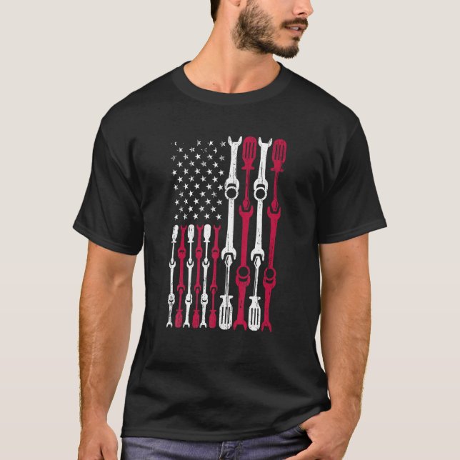 Amerikanische Flagge USA Diesel Mechanic Automobil T-Shirt (Vorderseite)