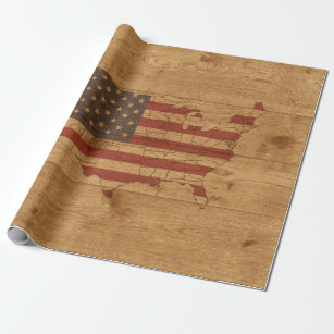 Amerikanische Flagge USA Form über rustikales Holz Geschenkpapier