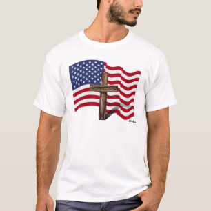 Amerikanische Flagge weht und raues Kreuz T-Shirt