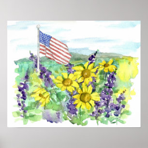 Amerikanische Flagge Wüstenwildblumen Aquarell Him Poster