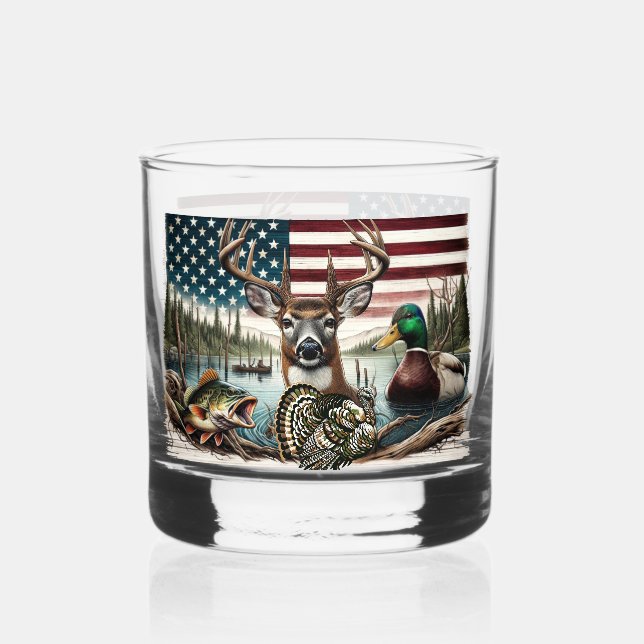 Amerikanische Flaggenjagd und Fischerei Whiskyglas (Vorderseite)