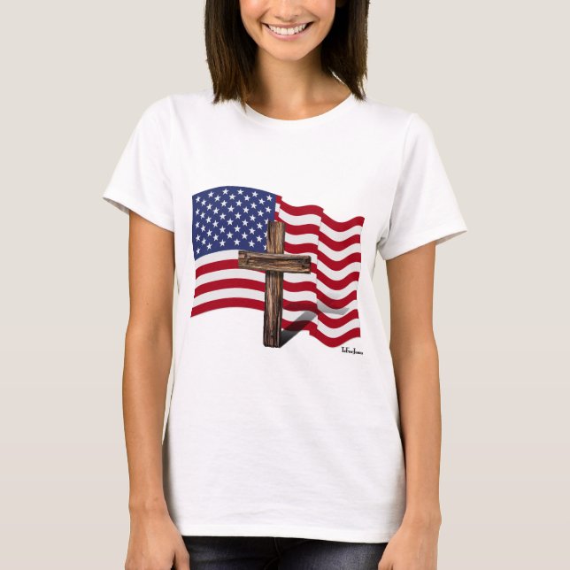 Amerikanische Flaggenwinde und geruchtes Kreuz T-Shirt (Vorderseite)