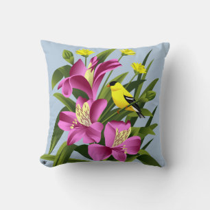 Amerikanische Goldfinch-und Alstroemeria-Blumen Kissen