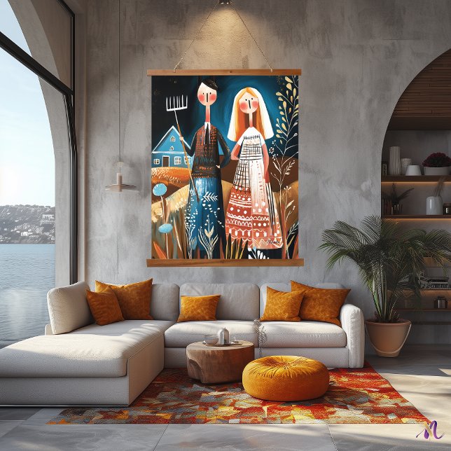 Amerikanische Gotik: Abstrakte Kunst der Whimsikku Wandteppich Mit Holzrahmen (Von Creator hochgeladen)