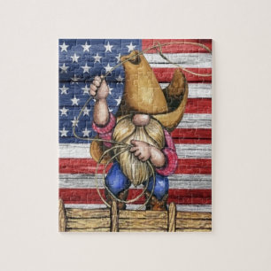 Amerikanische Holzflagge mit Cowboy Gnome Puzzle