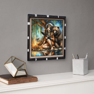 Amerikanische Indianerin mit Bären am Lagerfeuer Quadratische Wanduhr