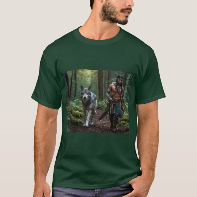 Amerikanische Krieger und Wolf-Wildlife-Design T-Shirt (Vorderseite)