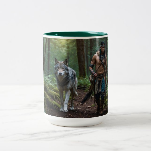 Amerikanische Krieger und Wolf-Wildlife-Design Zweifarbige Tasse (Mittel)